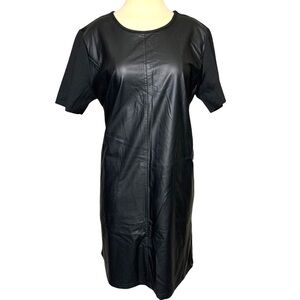 Tag Studio Black Vegan Faux Leather Shirt Dress Sz L Pockets Pullover Shift